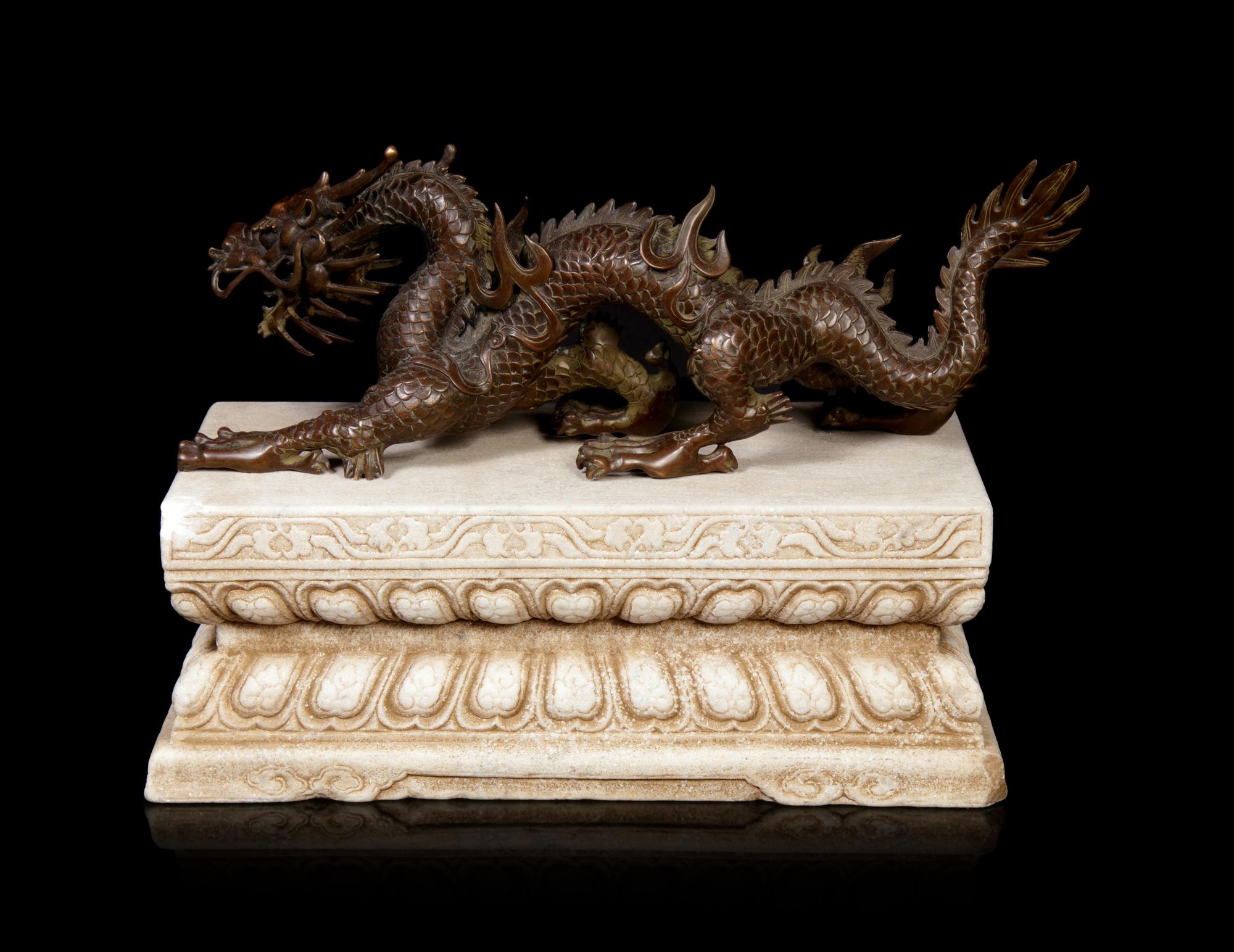 A Large Chinese Bronze Dragon and Stone Base