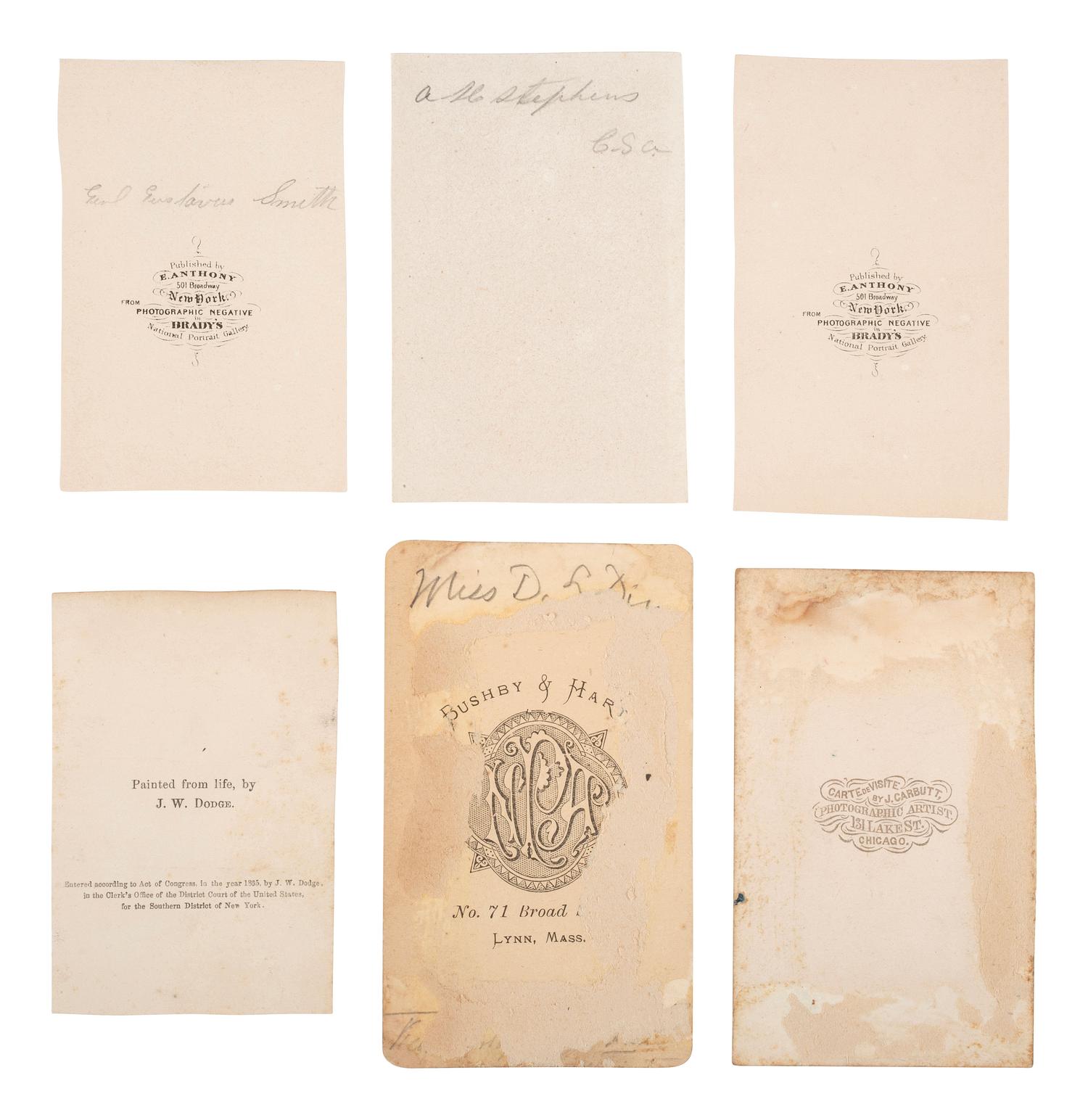 [CIVIL WAR] – [POLITICS]. A group of 18 CDVs of Union and Confederate personalities, incl. Jefferson Davis, Alexander Stephens, Andrew Johnson, & Superintendent of Army Nurses Dorothea Dix.