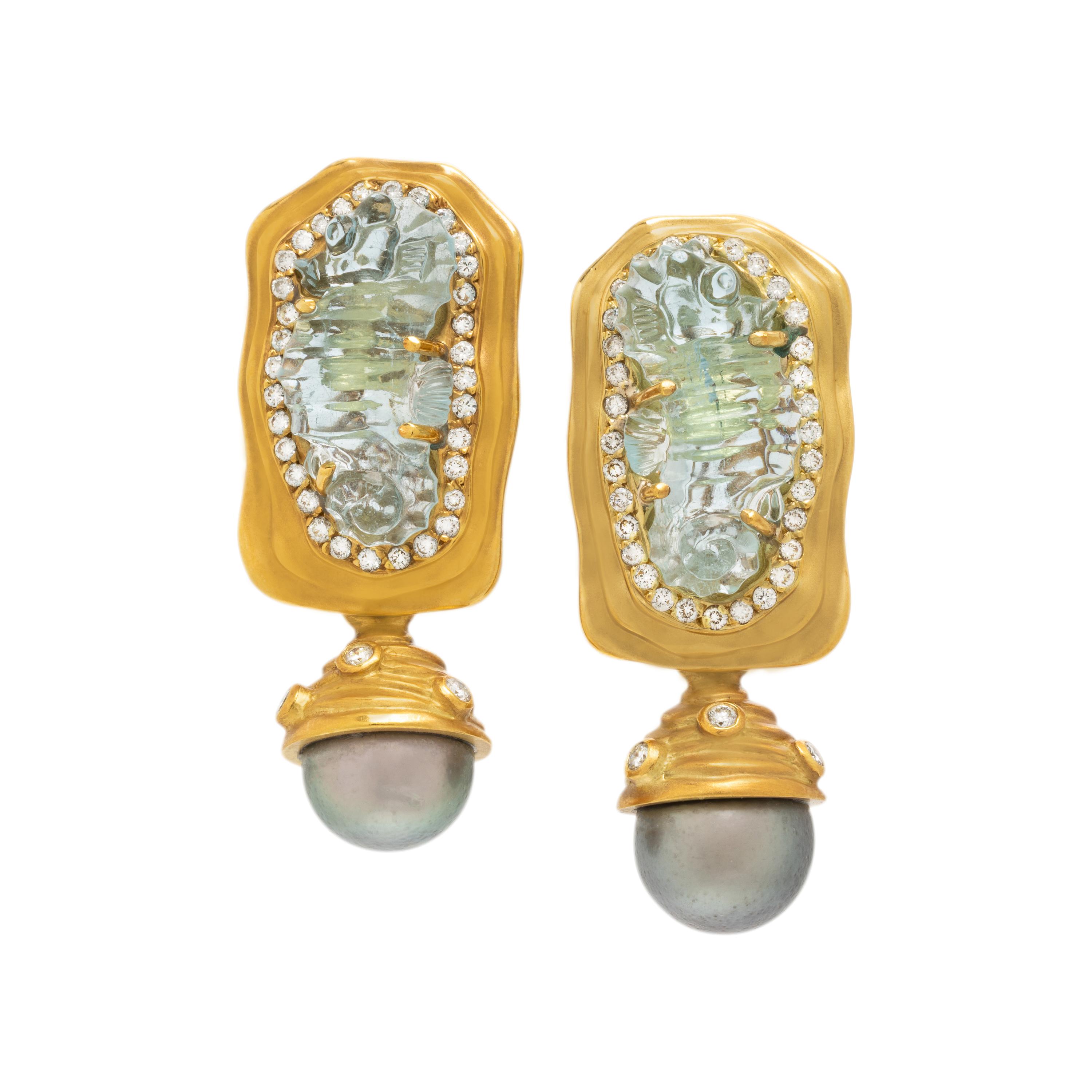 Aquamarine, Diamond, Cultured Pearl, and Yellow Gold Earrings