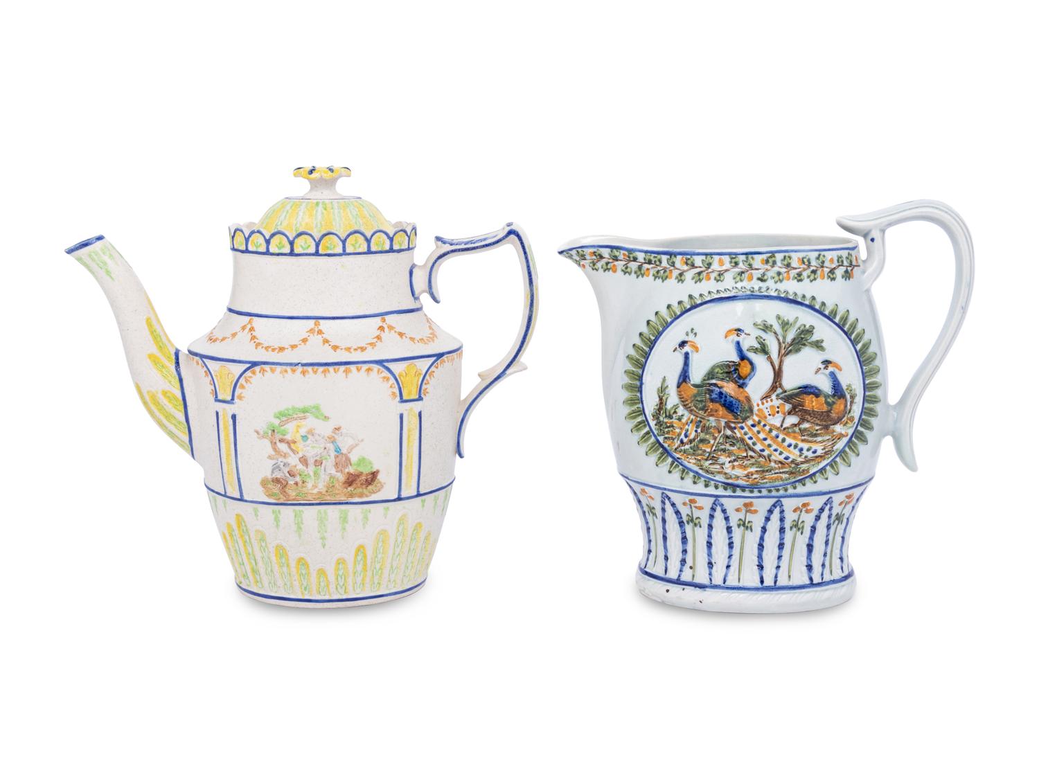 An English Prattware Pitcher and a Stoneware Coffee Pot