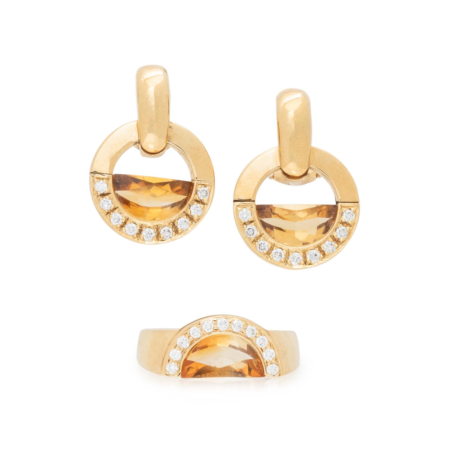 MOVADO, YELLOW GOLD, CITRINE AND DIAMOND RING AND EARCLIPS