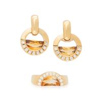 MOVADO, YELLOW GOLD, CITRINE AND DIAMOND RING AND EARCLIPS