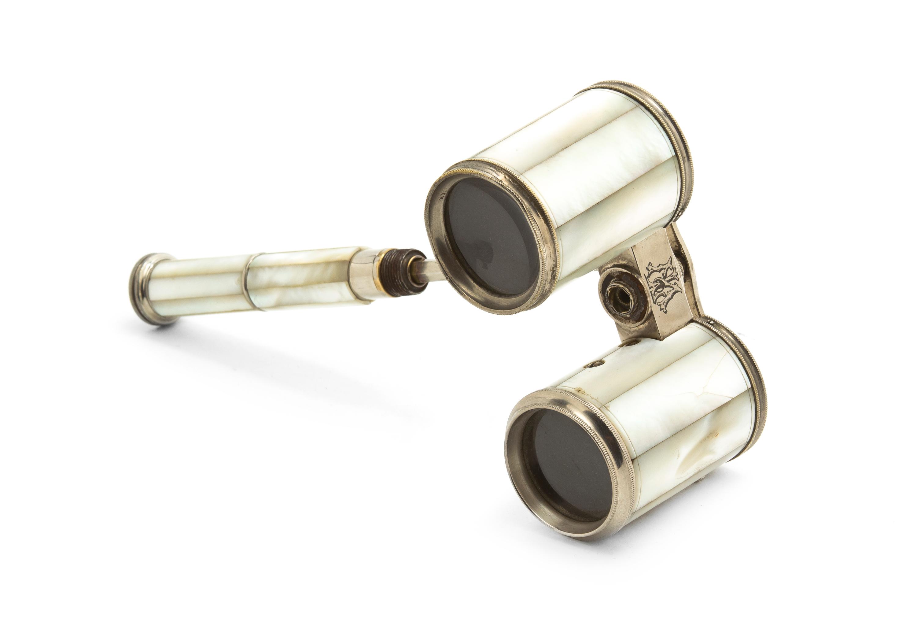 A Mother-of-Pearl Veneered Binocular Mounted Cane, Height overall 34 7/8 x width of spy glasses 4 5/8 inches.