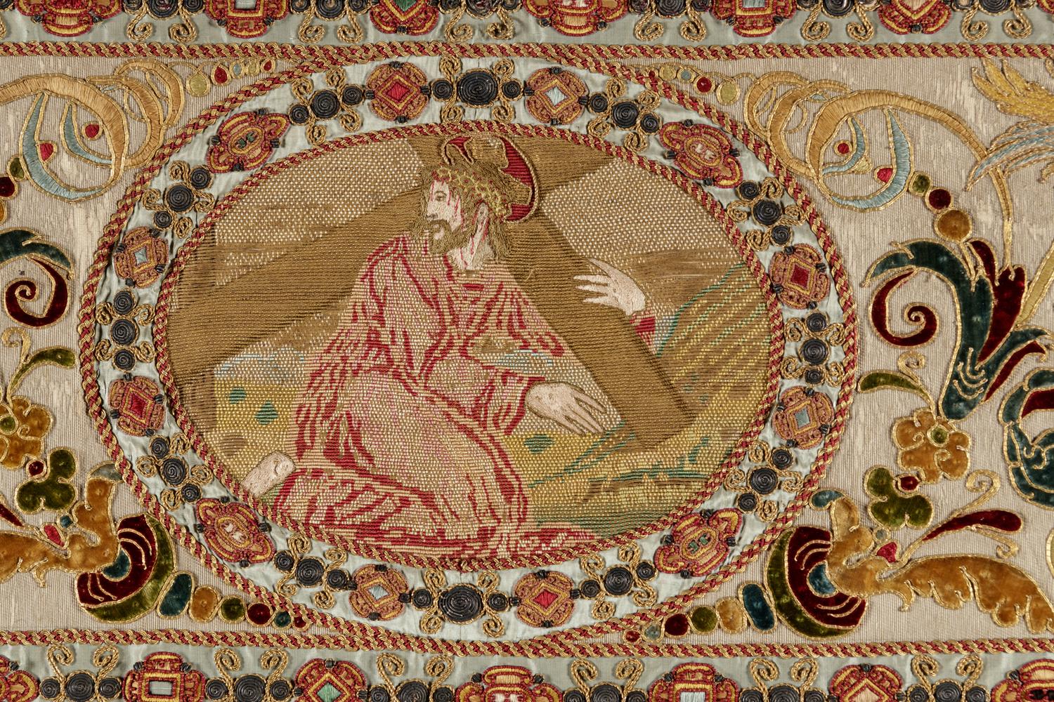 A Continental Petit-Point and Metallic Thread Embroidered Ecclesiastical Panel