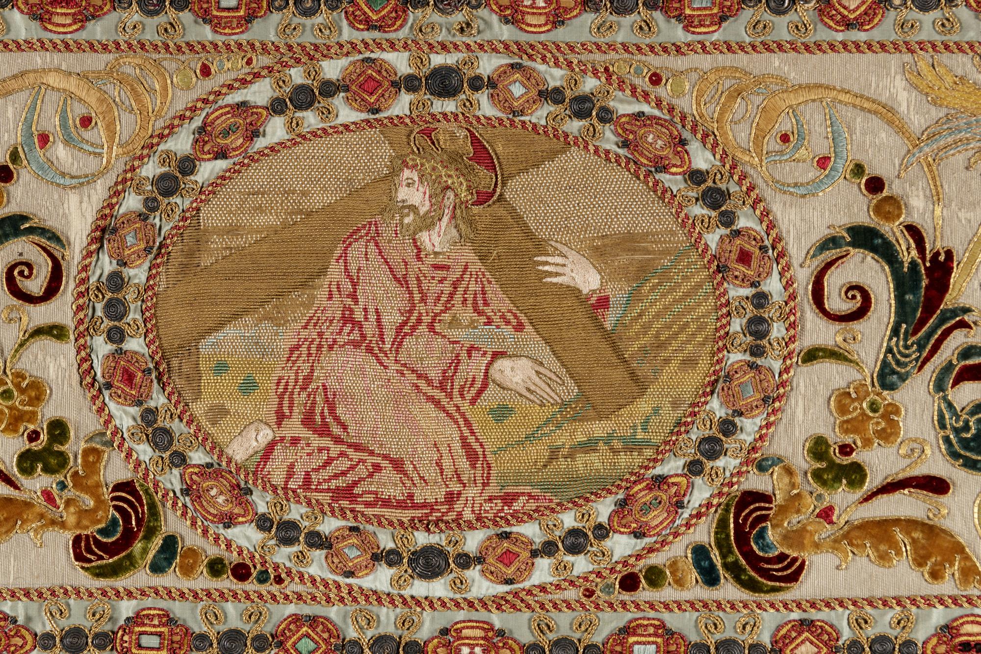 A Continental Petit-Point and Metallic Thread Embroidered Ecclesiastical Panel