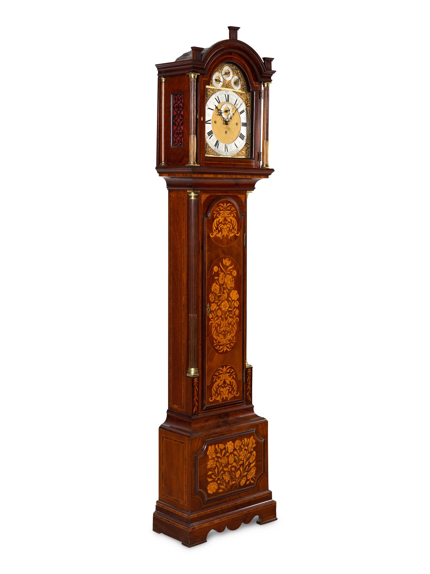 An Edwardian Mahogany and Marquetry Tall Case Clock