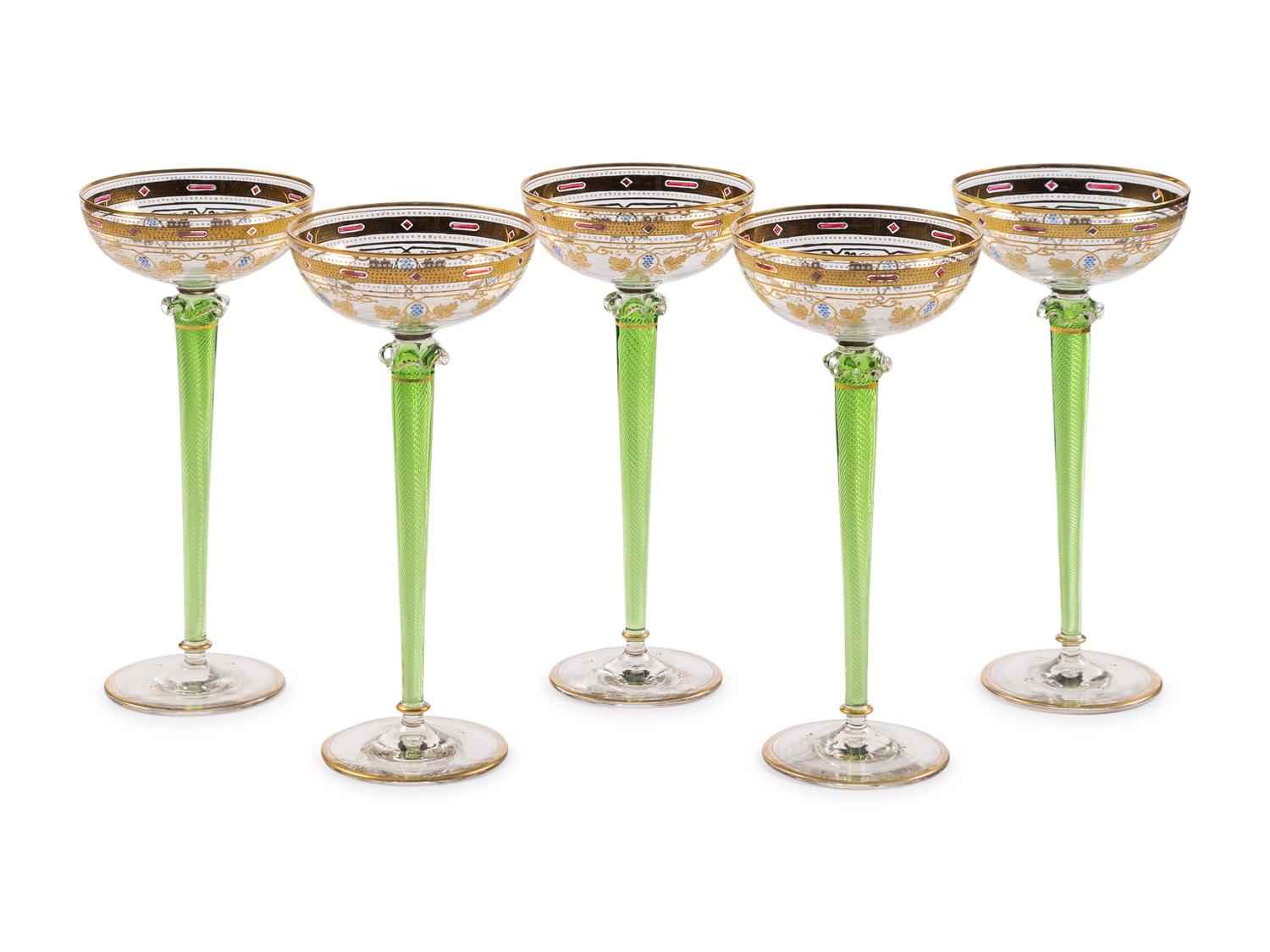 Five Continental Gilt and Enameled Twist-Stem Hock Wine Glasses