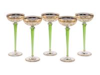 Five Continental Gilt and Enameled Twist-Stem Hock Wine Glasses