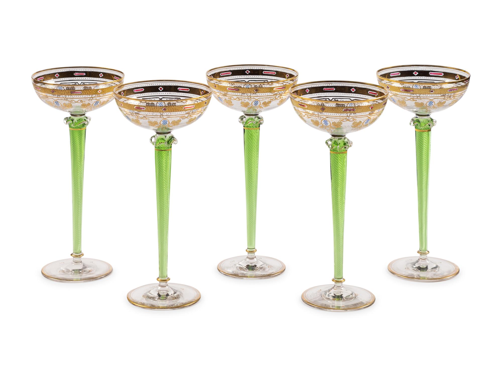 Five Continental Gilt and Enameled Twist-Stem Hock Wine Glasses