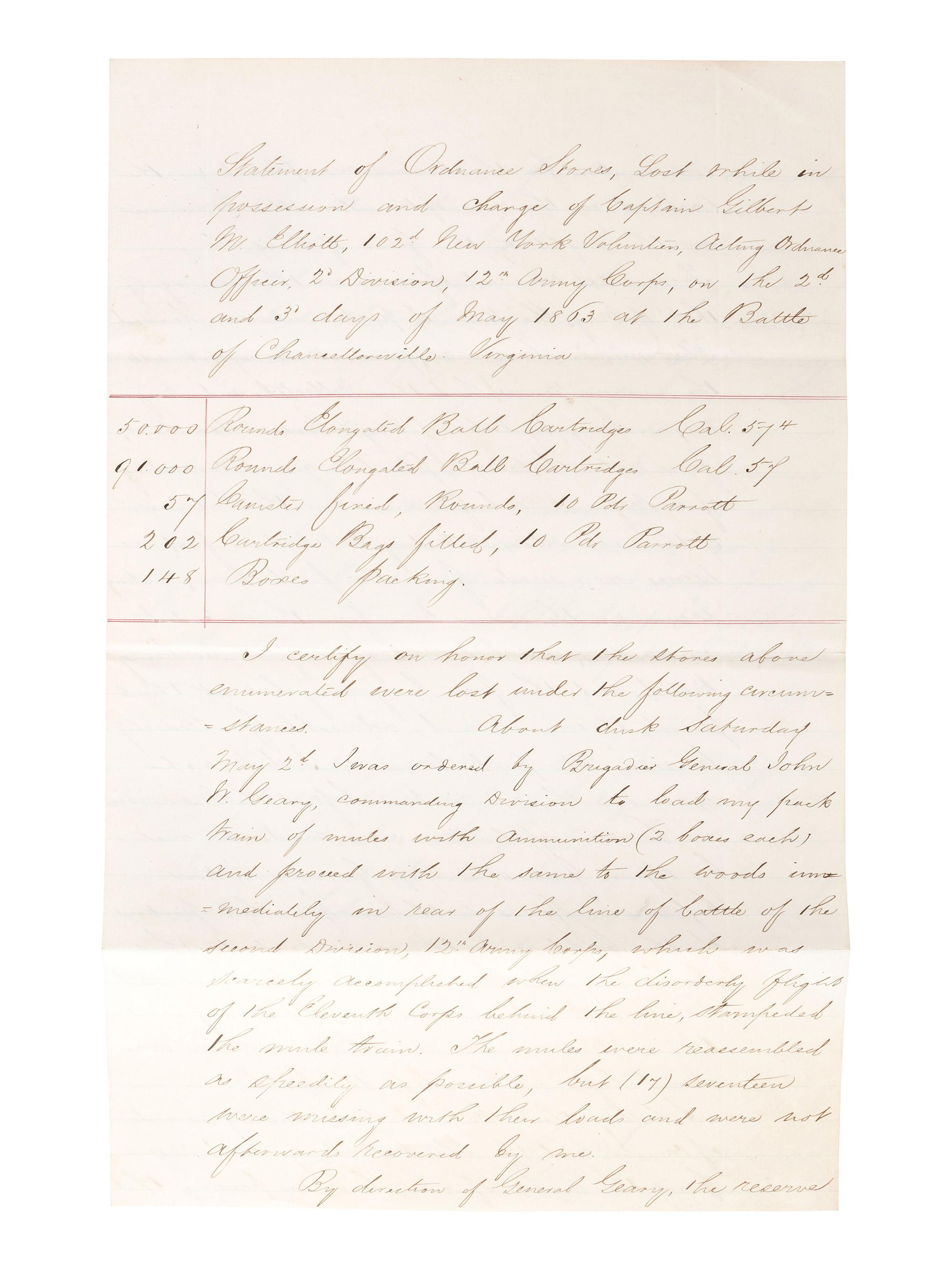 [CIVIL WAR]. Manuscript "Statement of Ordnance Stores, Lost while in possession and charge of Captain Gilbert W. Elliott, 102nd New York Volunteers" at the Battle of Chancellorsville, VA. October 1863.