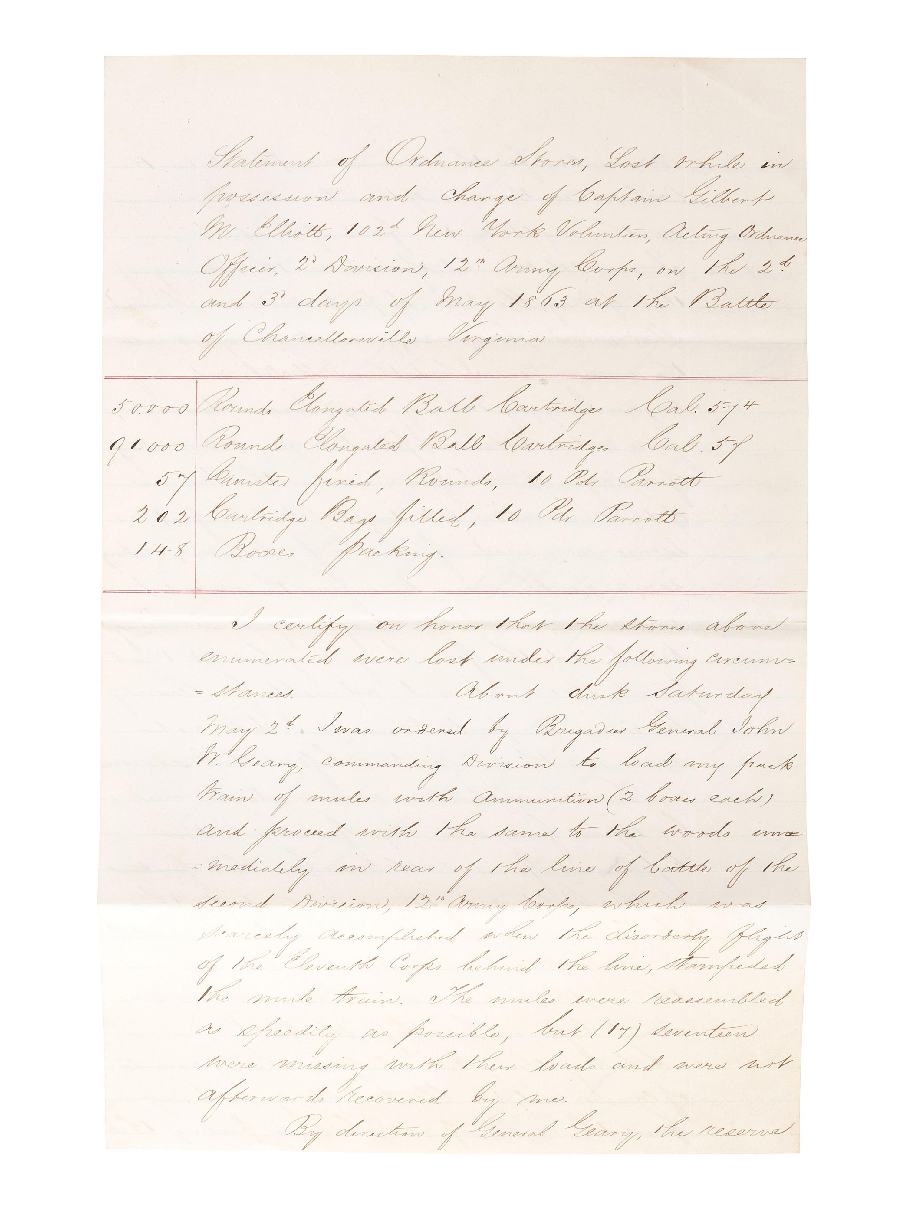 [CIVIL WAR]. Manuscript "Statement of Ordnance Stores, Lost while in possession and charge of Captain Gilbert W. Elliott, 102nd New York Volunteers" at the Battle of Chancellorsville, VA. October 1863.