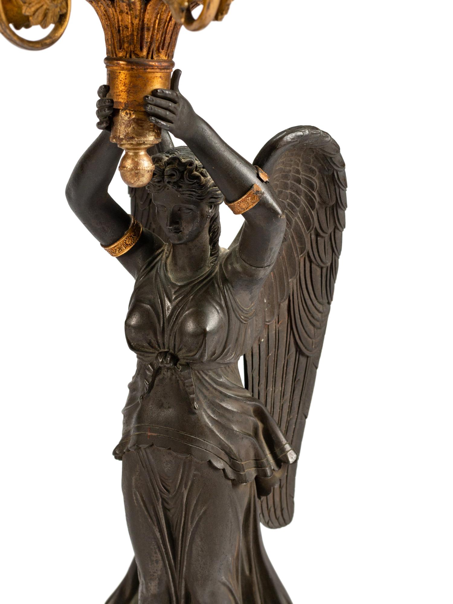 A Pair of Empire Parcel-Gilt and Patinated Bronze Six-Light Candelabra — 19TH CENTURY
