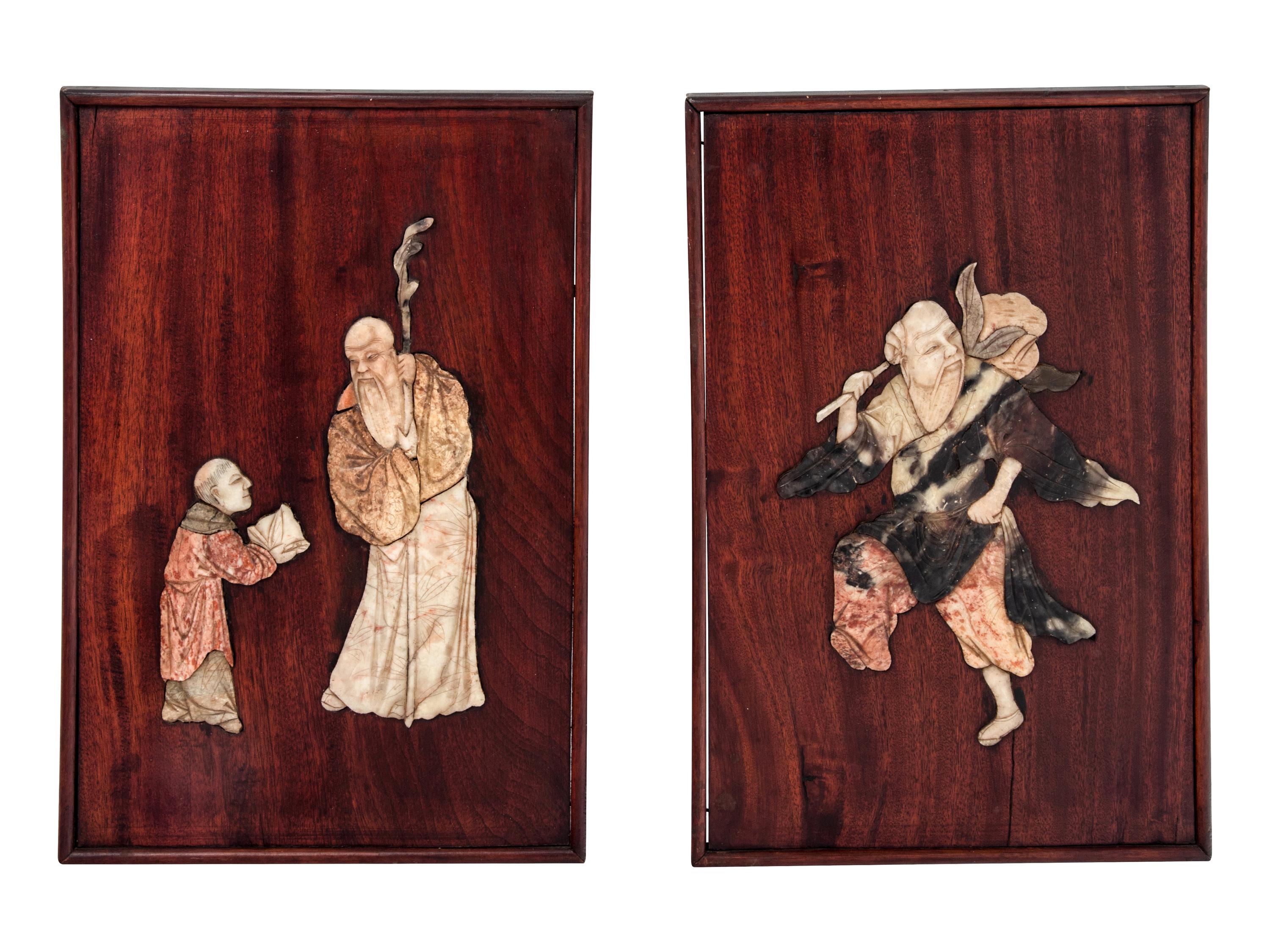 A Pair of Hardstone Inset Hardwood Panels