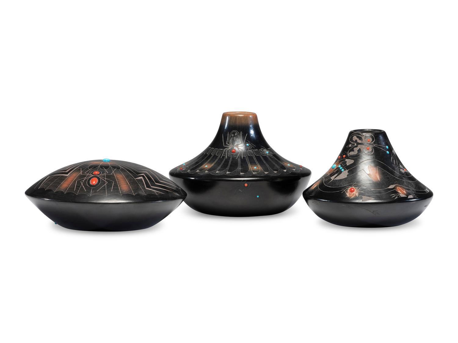 Black and Sienna Sgraffito Pottery Vases