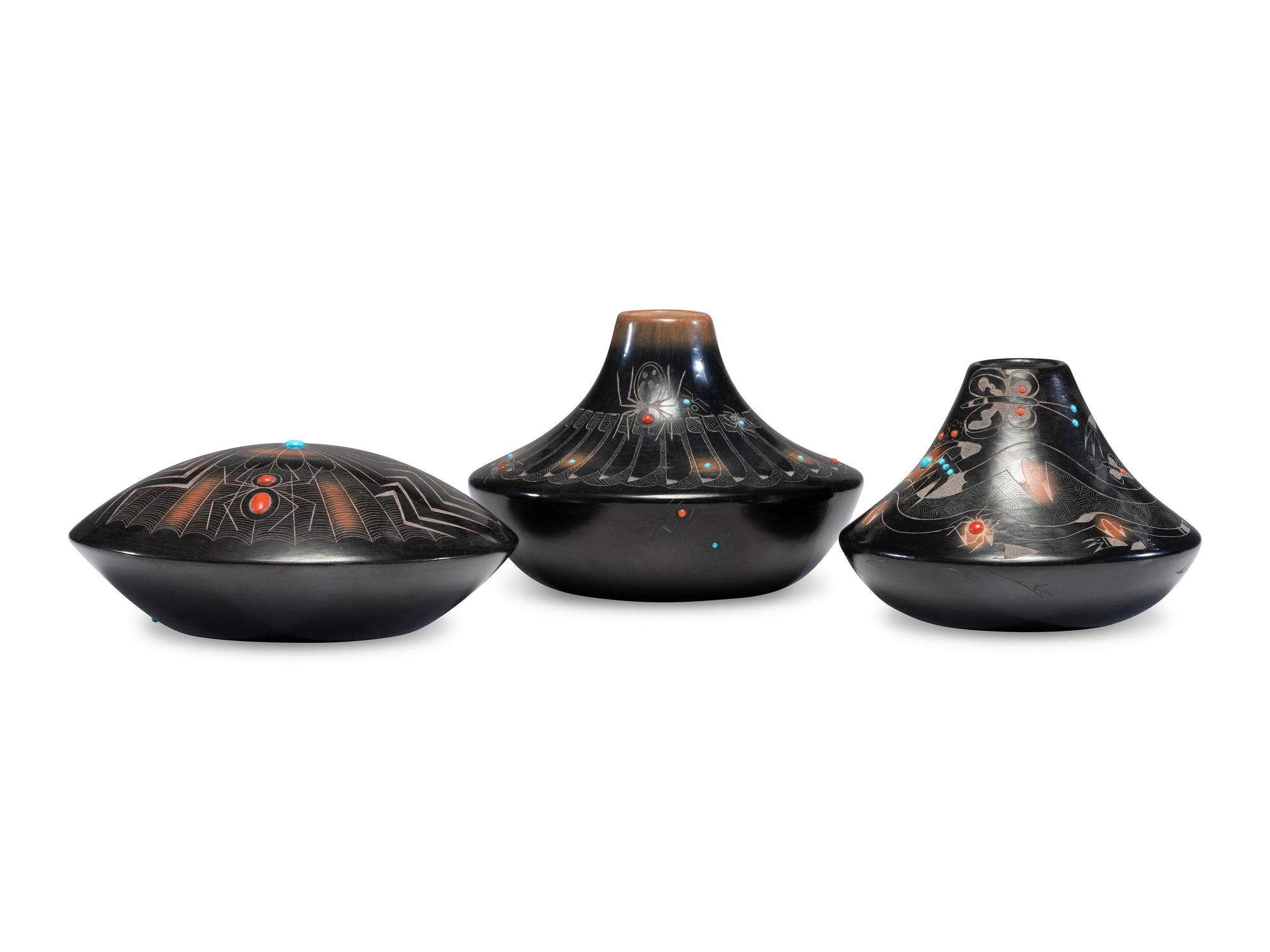 Black and Sienna Sgraffito Pottery Vases
