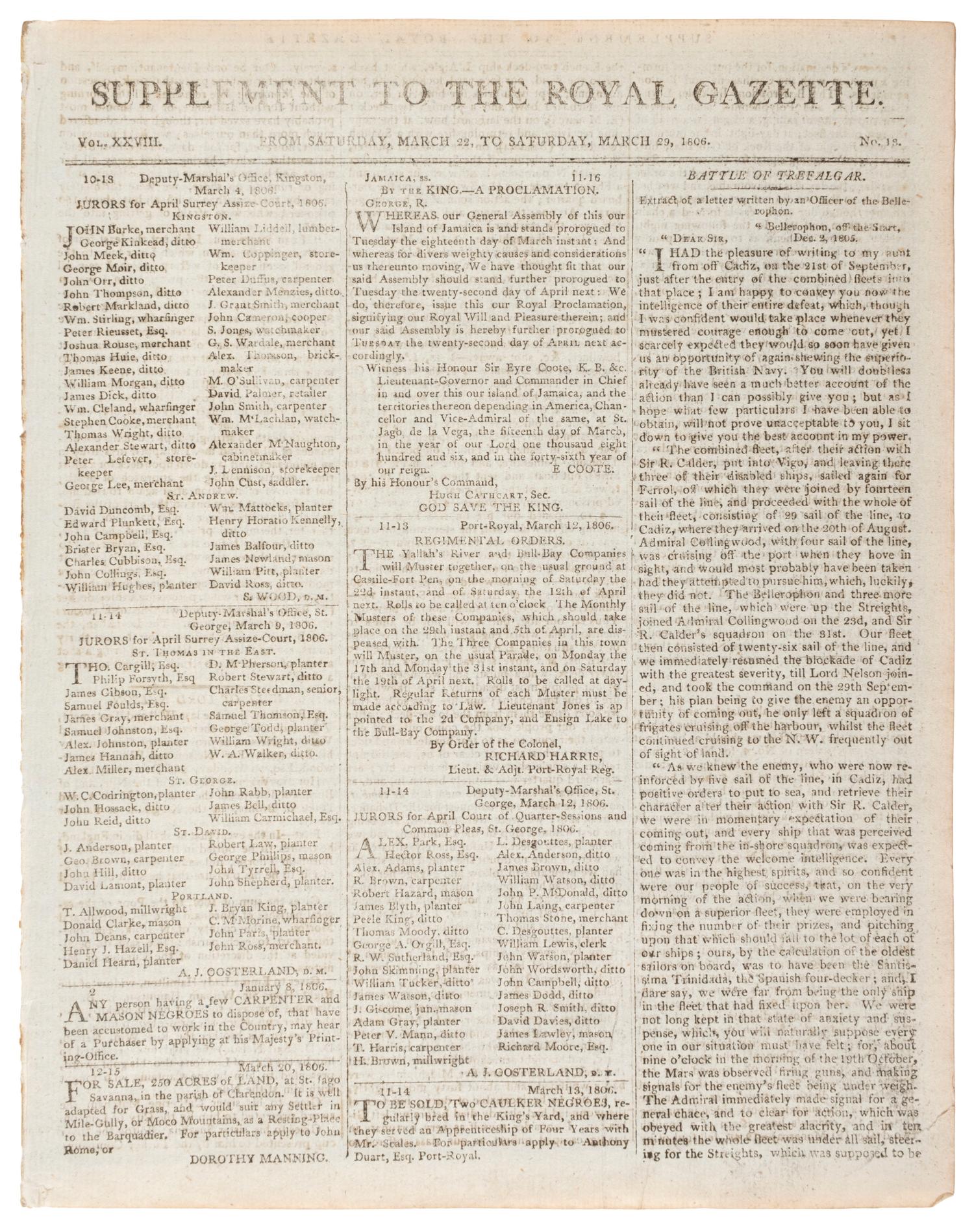 [BATTLE OF TRAFALGAR]. Supplement to the Royal Gazette and the Jamaica Courant . Vol. XXVIII, No. 13. Kingston: 29 March 1806.