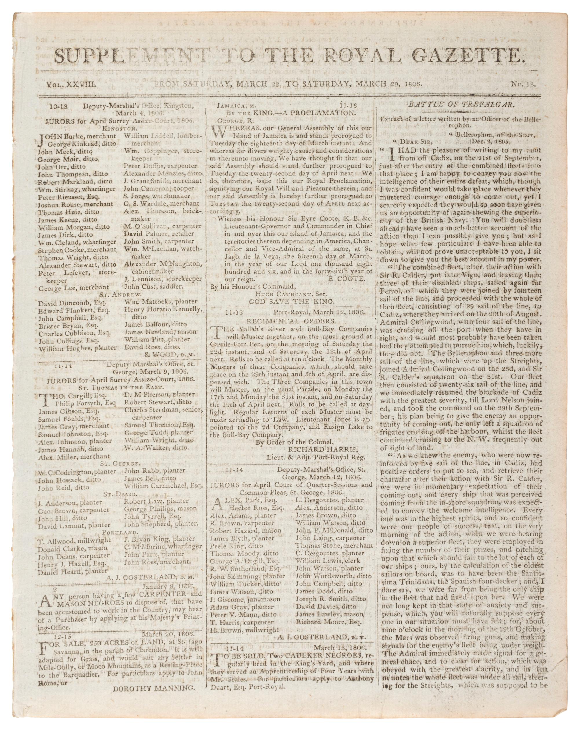 [BATTLE OF TRAFALGAR]. Supplement to the Royal Gazette and the Jamaica Courant . Vol. XXVIII, No. 13. Kingston: 29 March 1806.