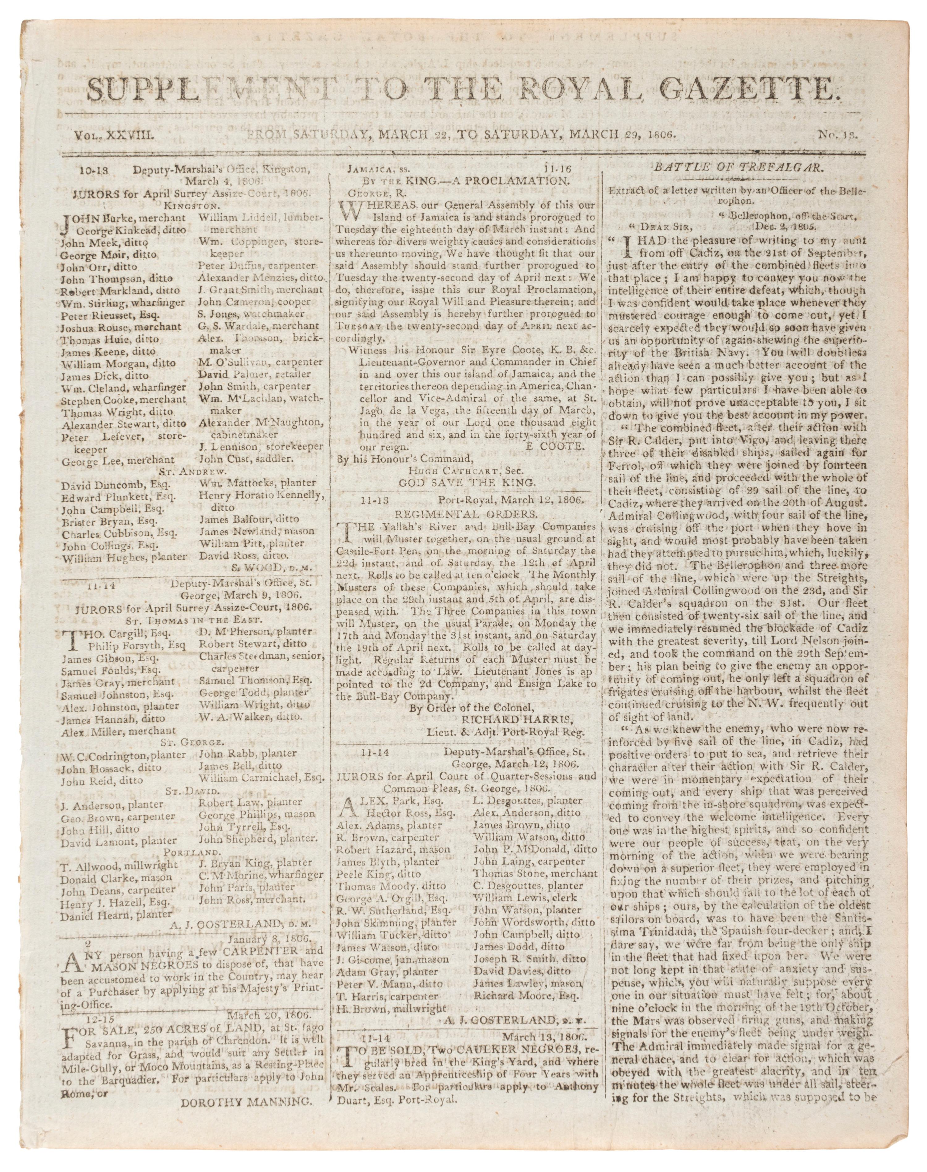 [BATTLE OF TRAFALGAR]. Supplement to the Royal Gazette and the Jamaica Courant . Vol. XXVIII, No. 13. Kingston: 29 March 1806.
