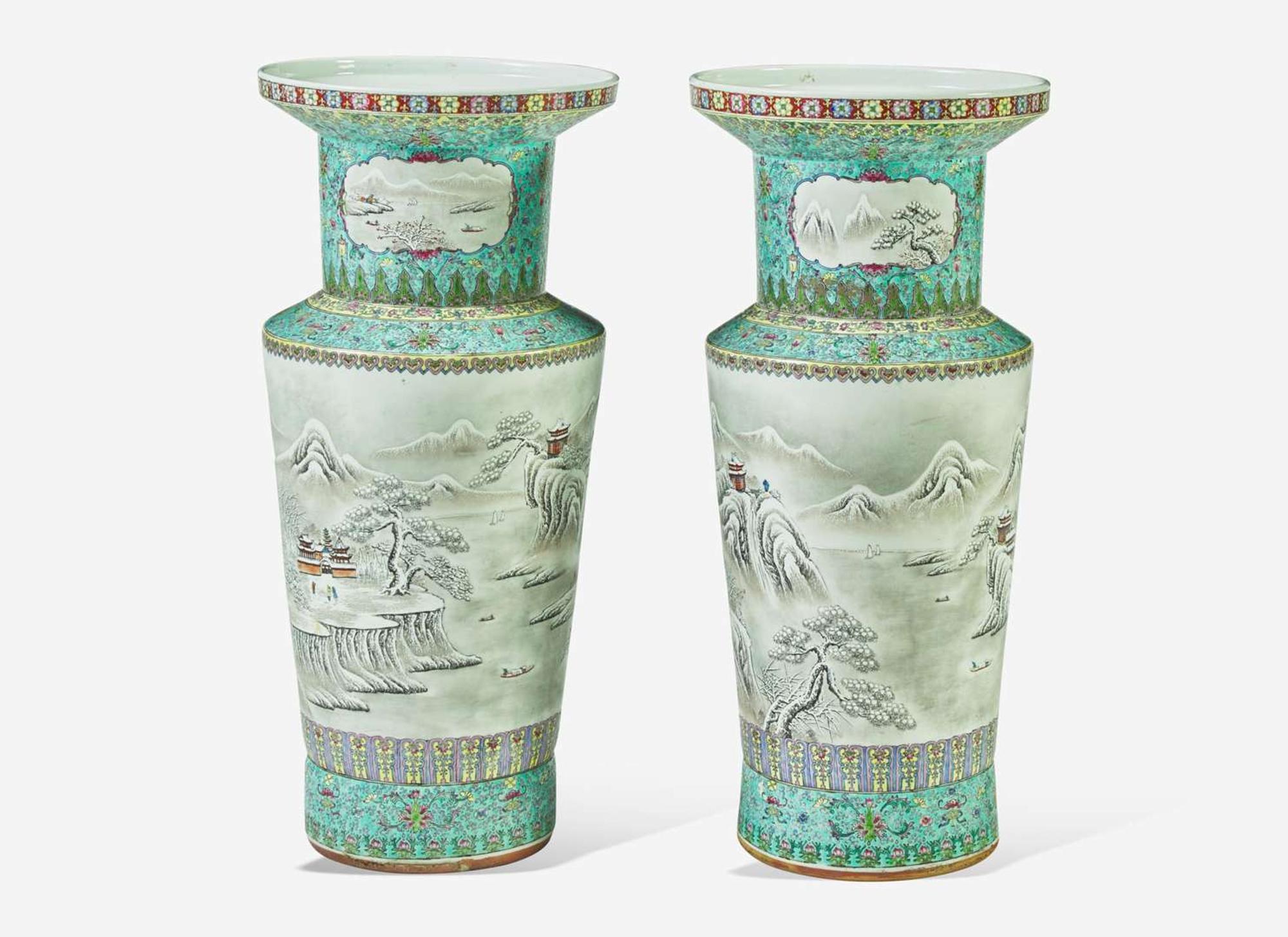 A pair of large Chinese enameled porcelain "Winter" vases 雪景盤口大瓶一對