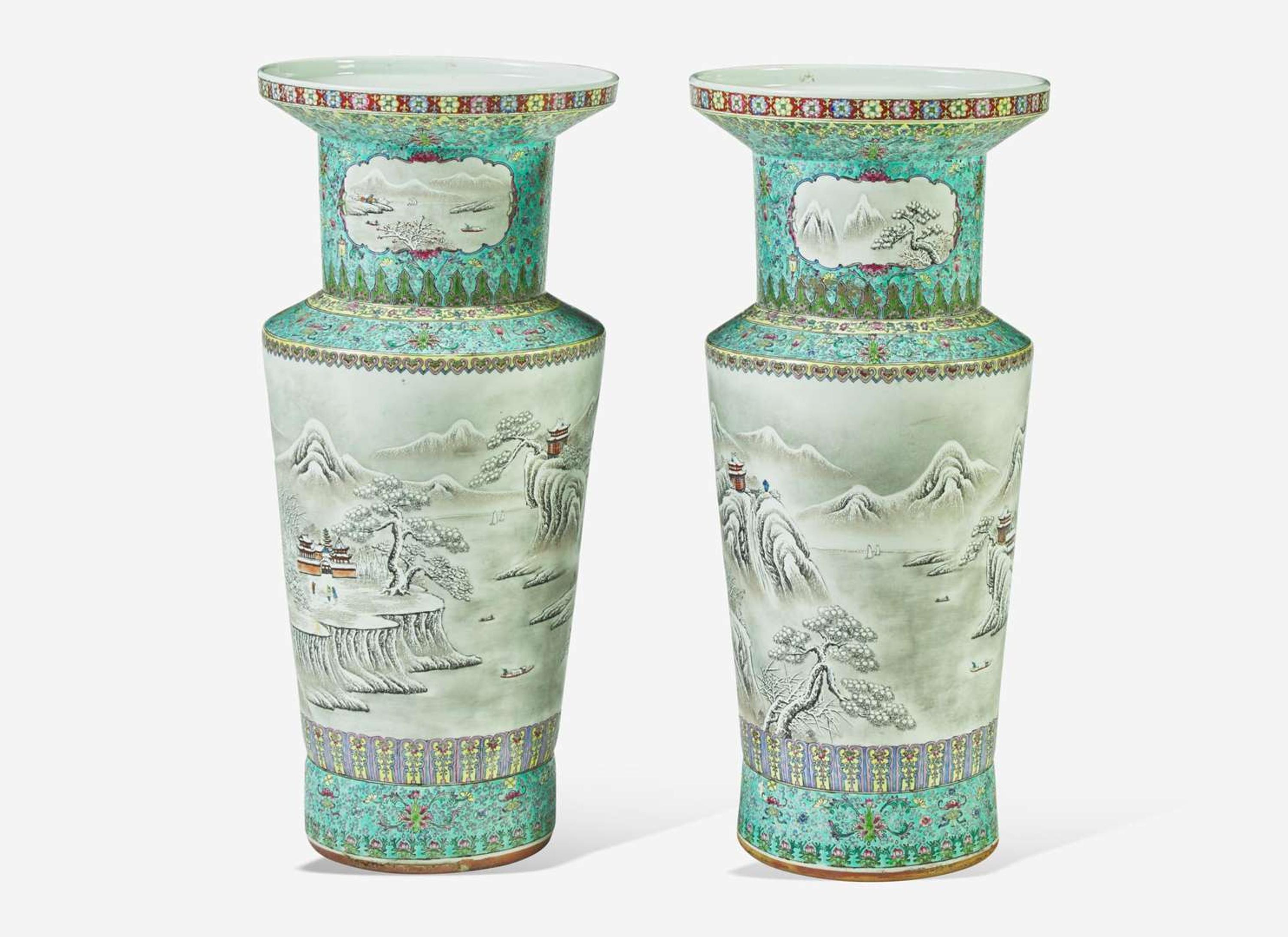 A pair of large Chinese enameled porcelain "Winter" vases 雪景盤口大瓶一對