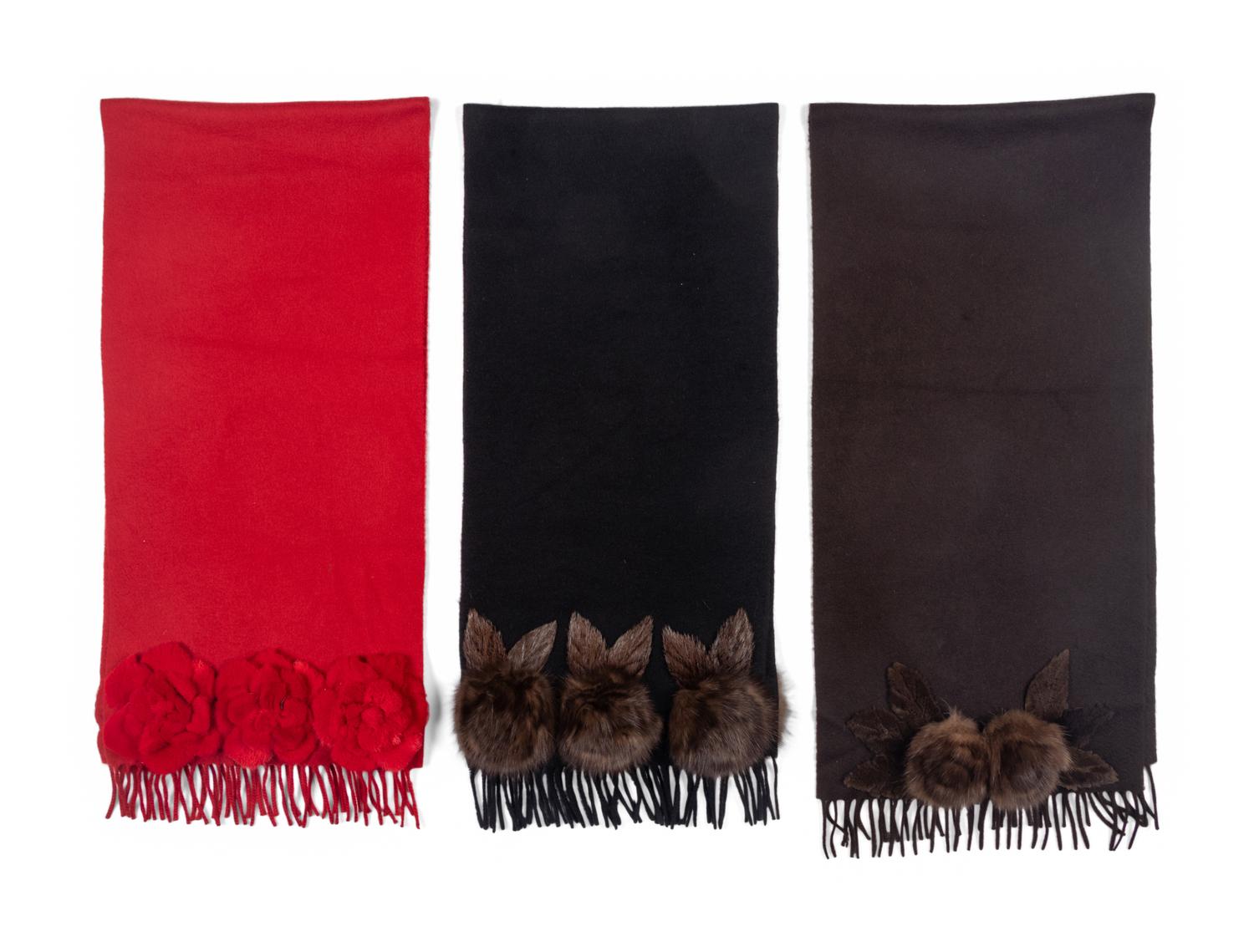 Three J. Mendel Cashmere Scarves With Fur Rosettes