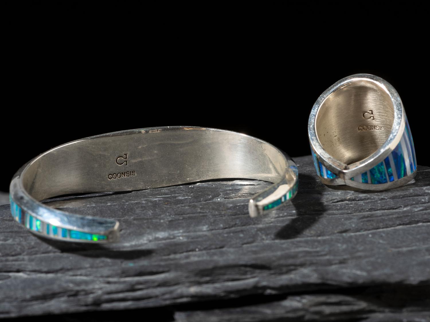 Matching Silver and Mosaic Inlay Cuff Bracelet and Ring