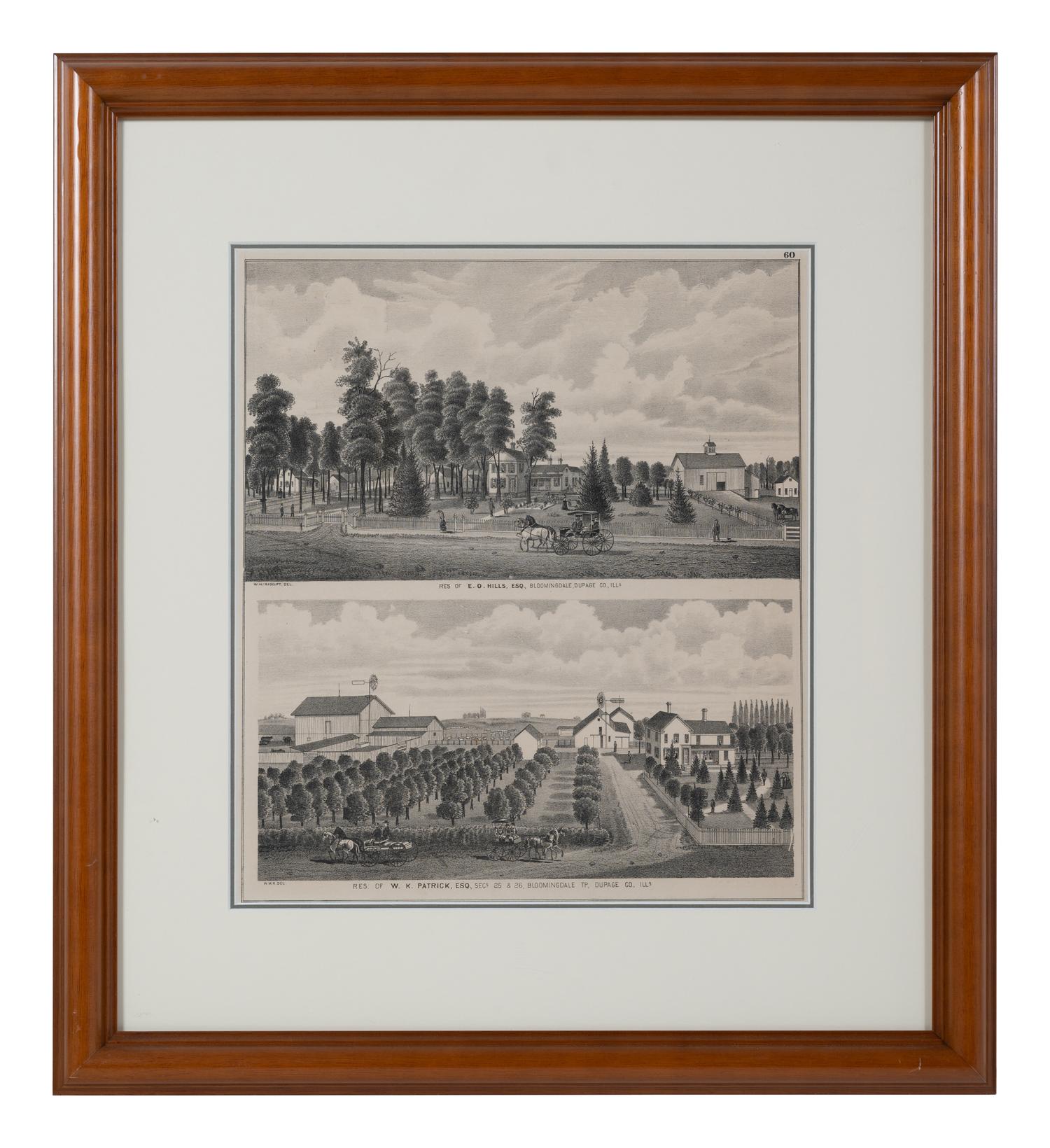 Printed City Views and Farm Scenes of Bloomingdale and Dupage County, Ill. N.p.: N.d. 23 x 21 In. Matted and framed.