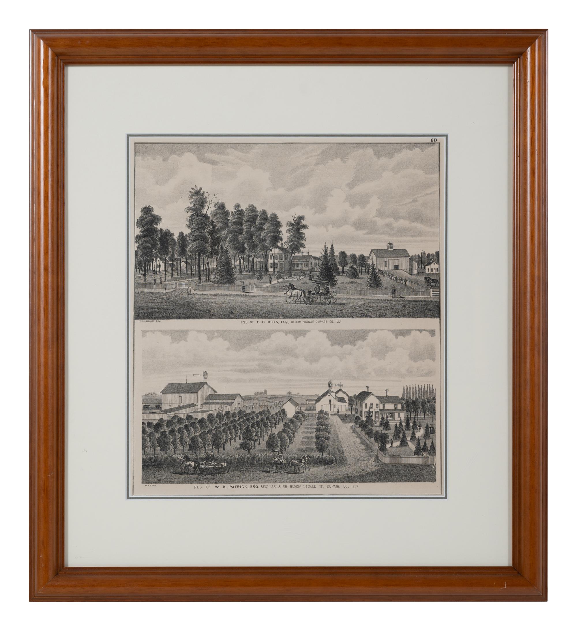 Printed City Views and Farm Scenes of Bloomingdale and Dupage County, Ill. N.p.: N.d. 23 x 21 In. Matted and framed.