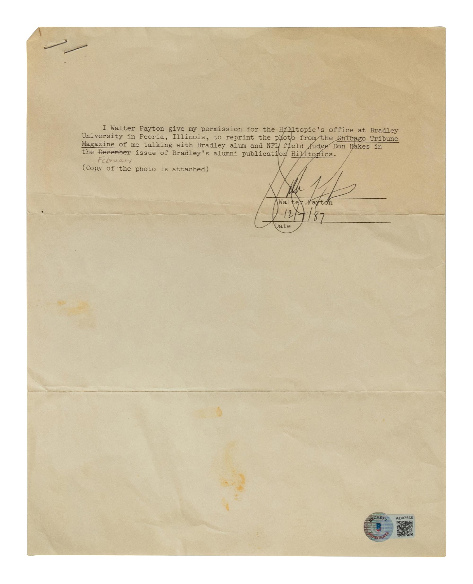 A Walter Payton Signed Autograph Document During His Last NFL Season (Beckett Authentication Services BAS Certified),