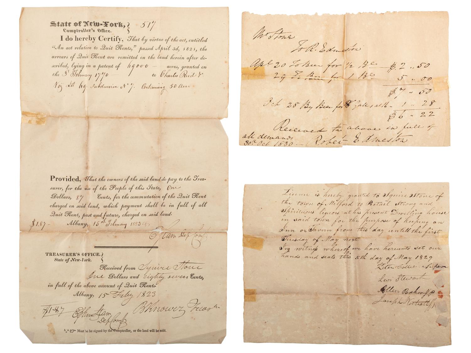 [WAR OF 1812]. Group of 9 documents related to New York tavern owner Squire Stone (1791-1884), including appointment to 60th New York Regiment of Infantry.