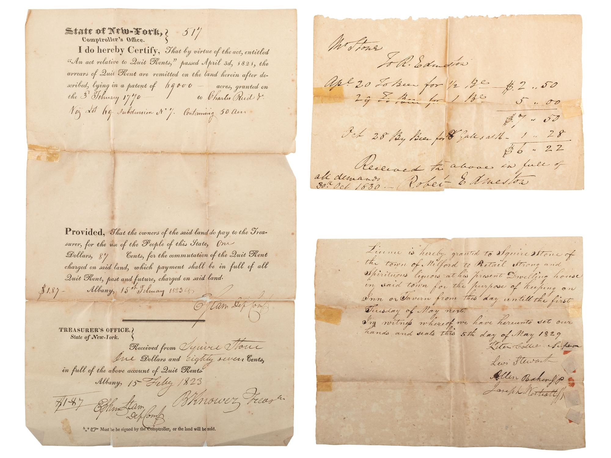 [WAR OF 1812]. Group of 9 documents related to New York tavern owner Squire Stone (1791-1884), including appointment to 60th New York Regiment of Infantry.