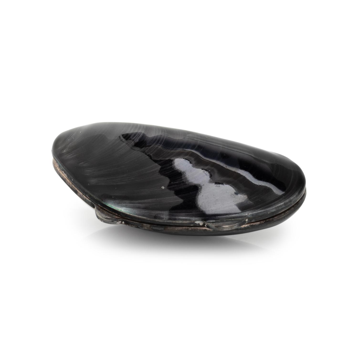 TIFFANY & CO., STERLING SILVER AND ENAMEL 'MUSSEL SHELL' PILL BOX