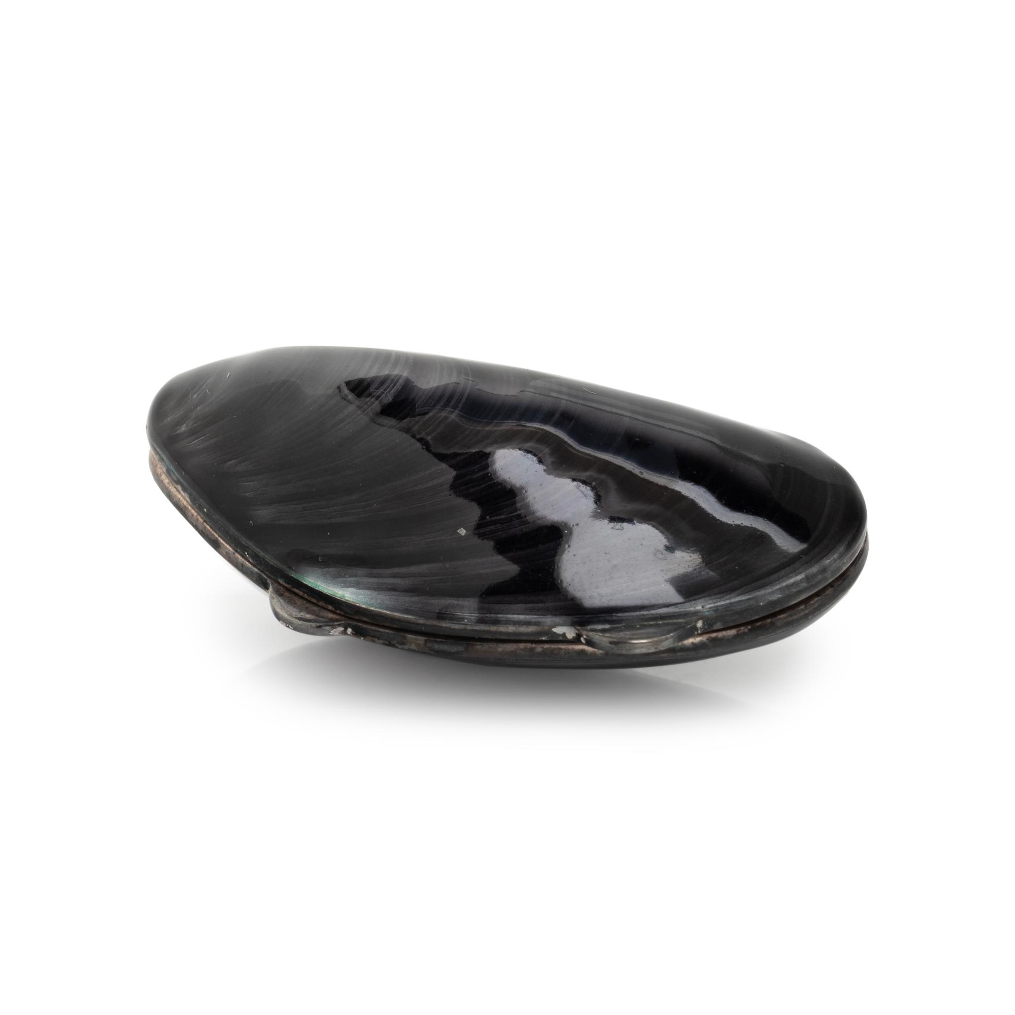 TIFFANY & CO., STERLING SILVER AND ENAMEL 'MUSSEL SHELL' PILL BOX