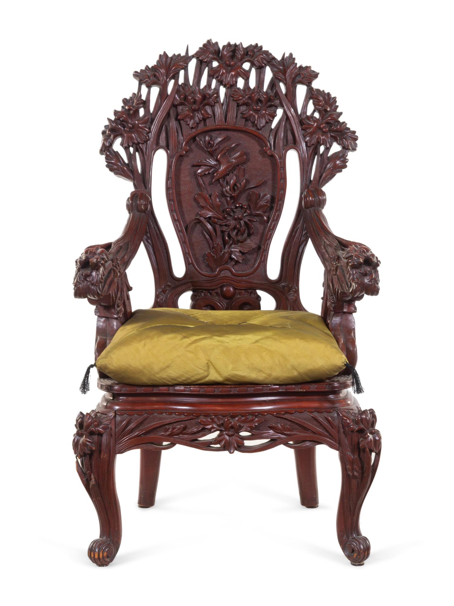 A Chinese Export Carved Hardwood Armchair