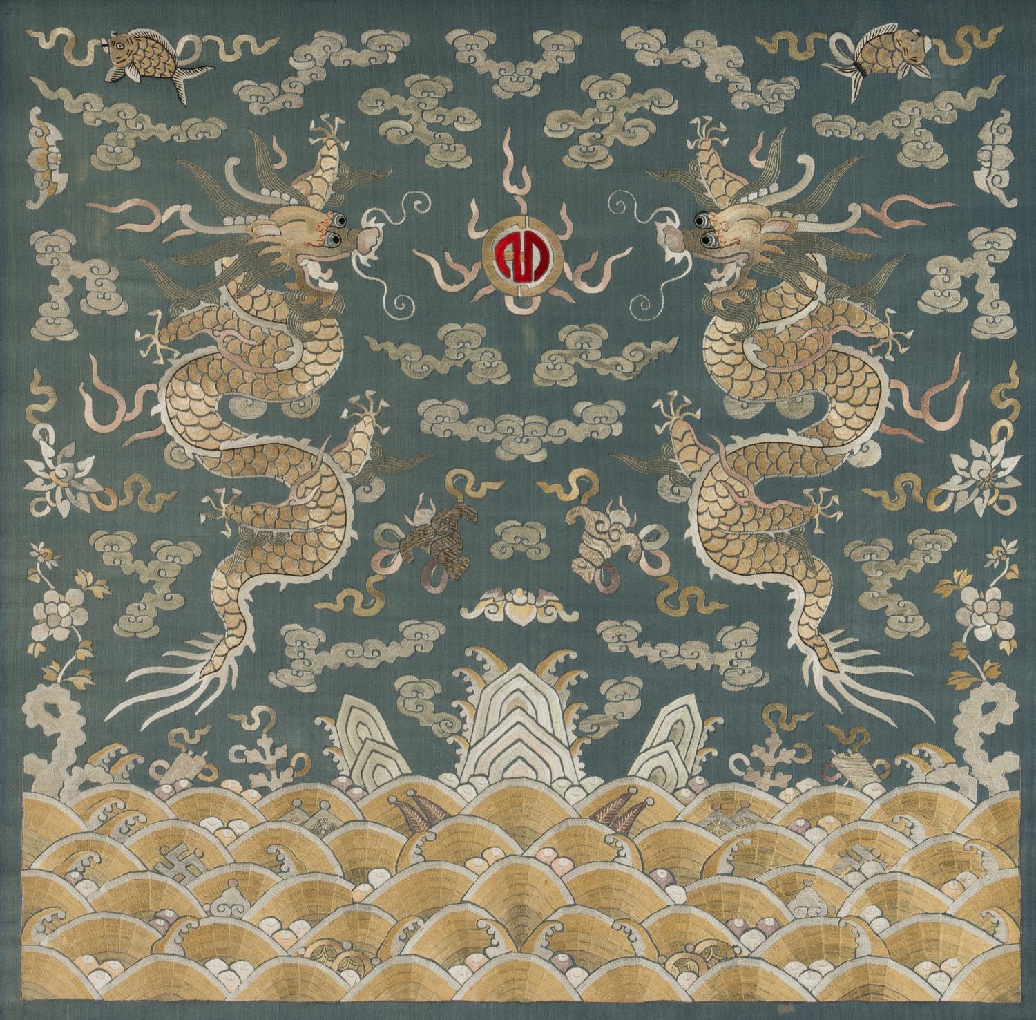 Two Chinese Embroidered Silk Panels, 19th Century 清晚期 藍地麻姑獻壽及雙龍戲珠綉片兩幅