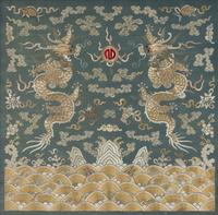 Two Chinese Embroidered Silk Panels, 19th Century 清晚期 藍地麻姑獻壽及雙龍戲珠綉片兩幅