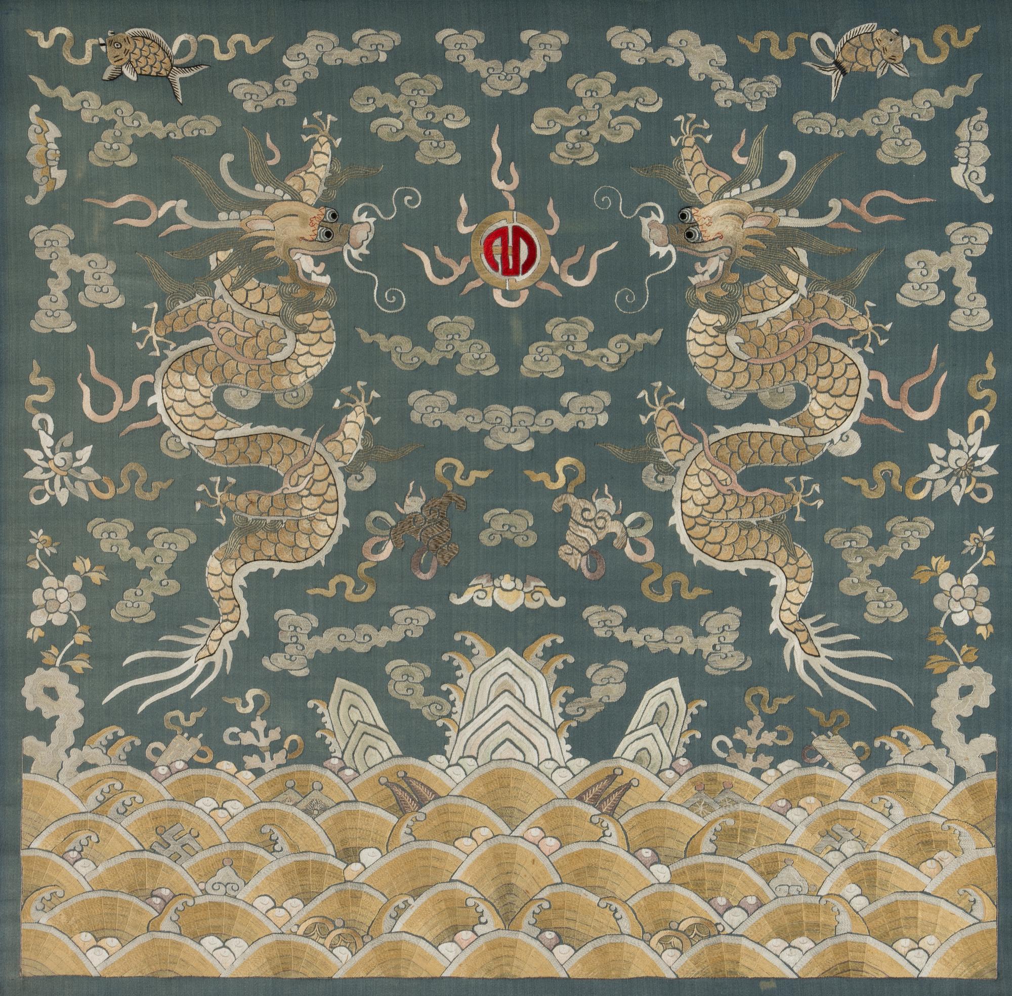 Two Chinese Embroidered Silk Panels, 19th Century 清晚期 藍地麻姑獻壽及雙龍戲珠綉片兩幅