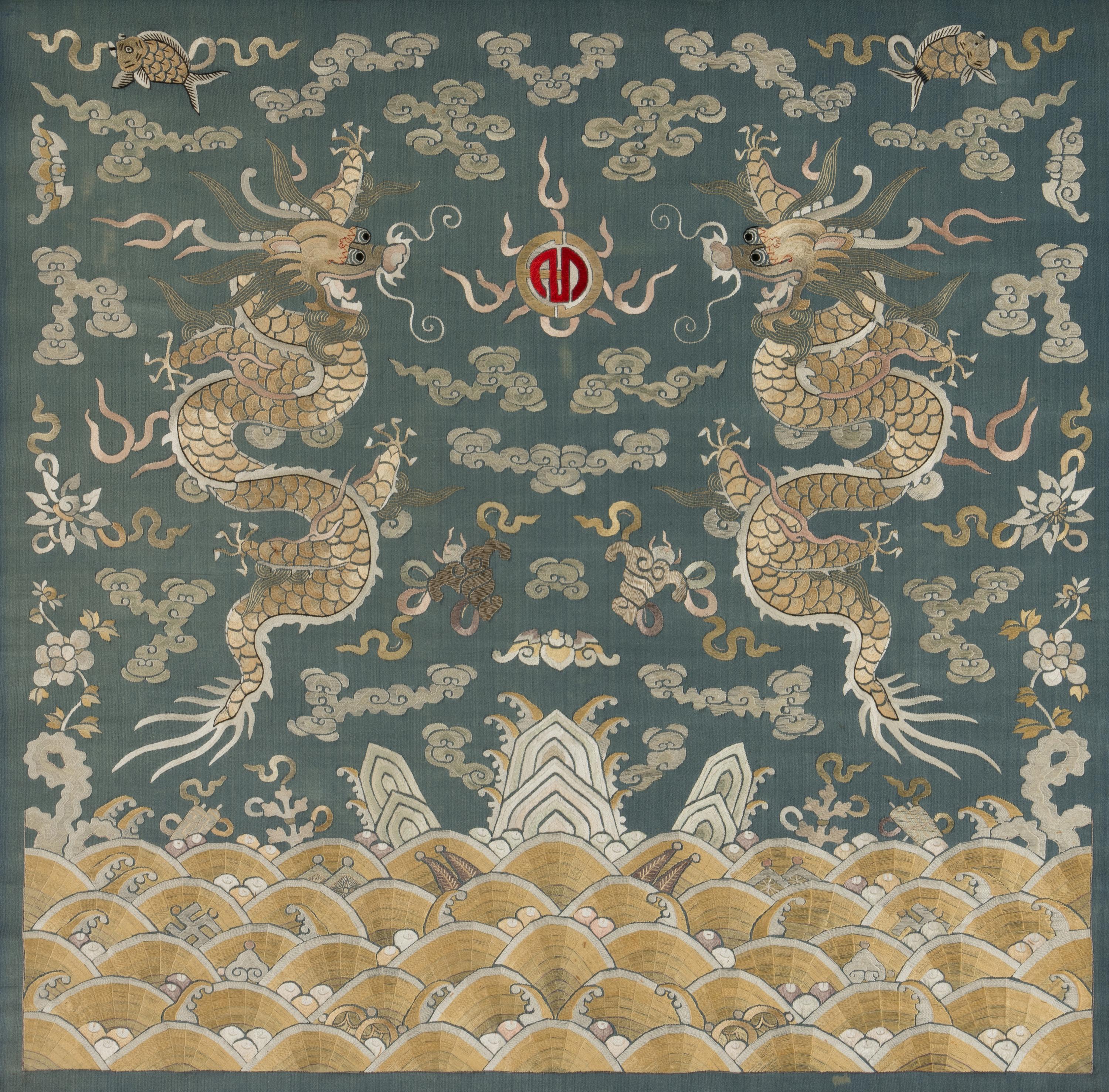 Two Chinese Embroidered Silk Panels, 19th Century 清晚期 藍地麻姑獻壽及雙龍戲珠綉片兩幅