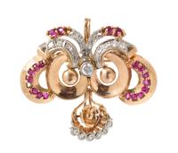 A Platinum Topped Rose Gold, Diamond and Ruby Pendant/Brooch, 13.20 dwts.