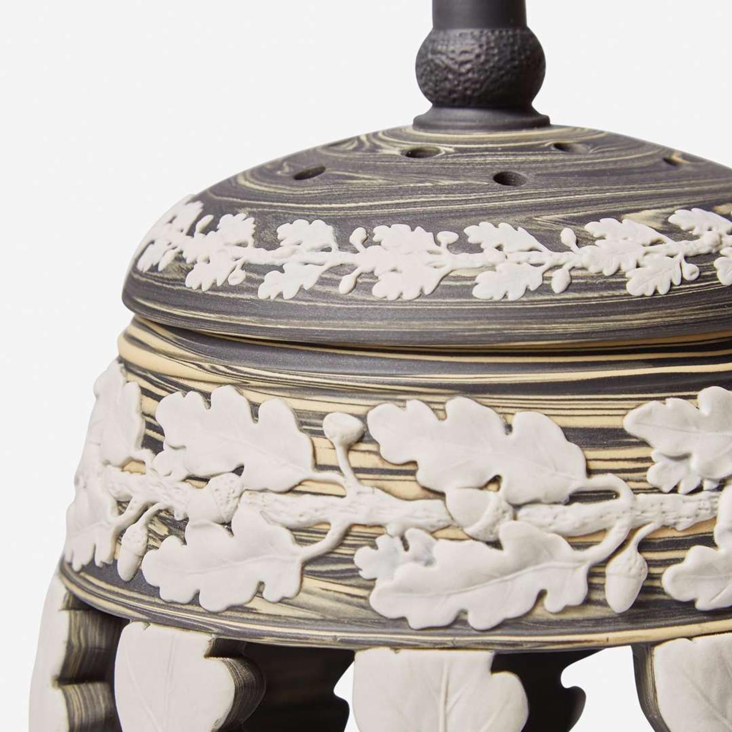 A Wedgwood Tricolor Variegated Jasperware Lidded Pierced Vessel UK, 2000s
