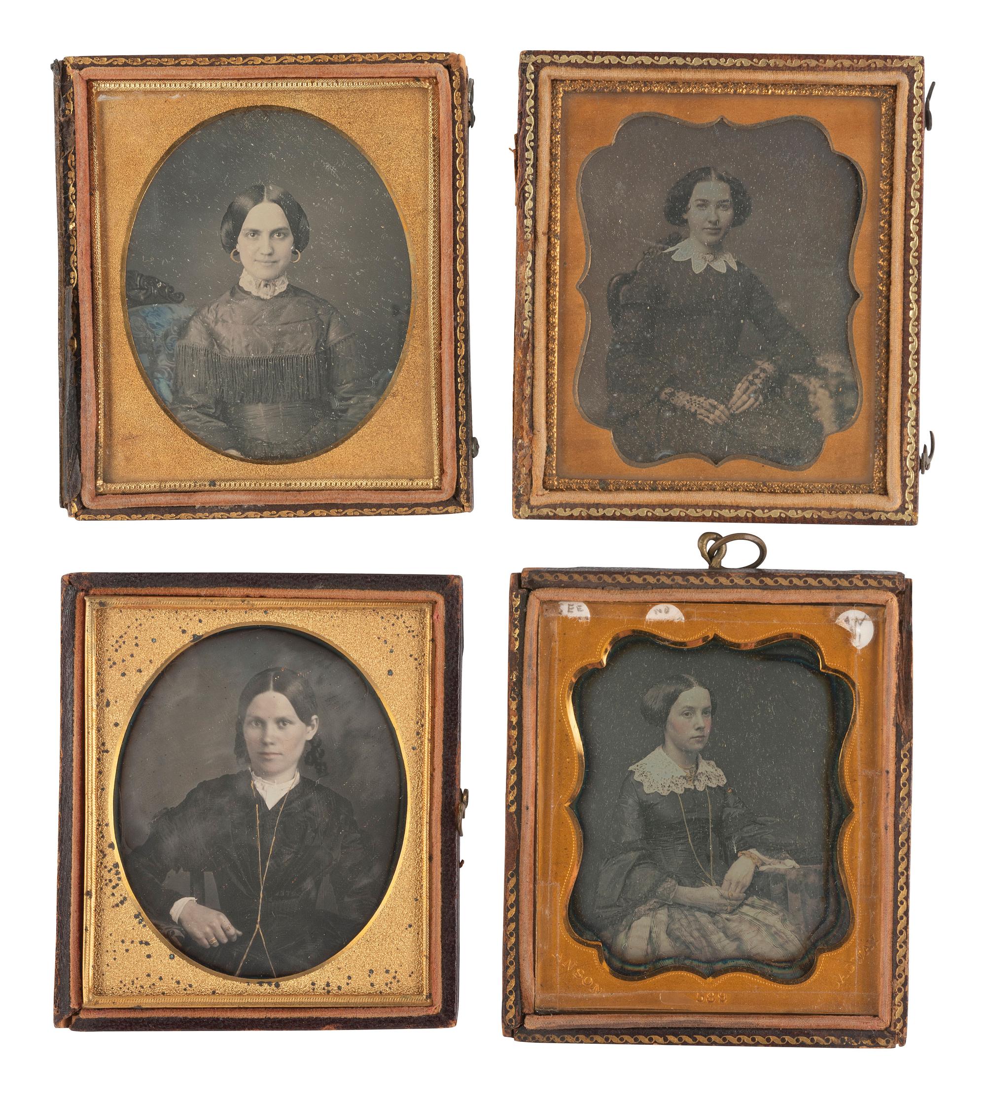 [EARLY PHOTOGRAPHY]. 22 sixth plate daguerreotypes of women wearing jewelry and accessories.