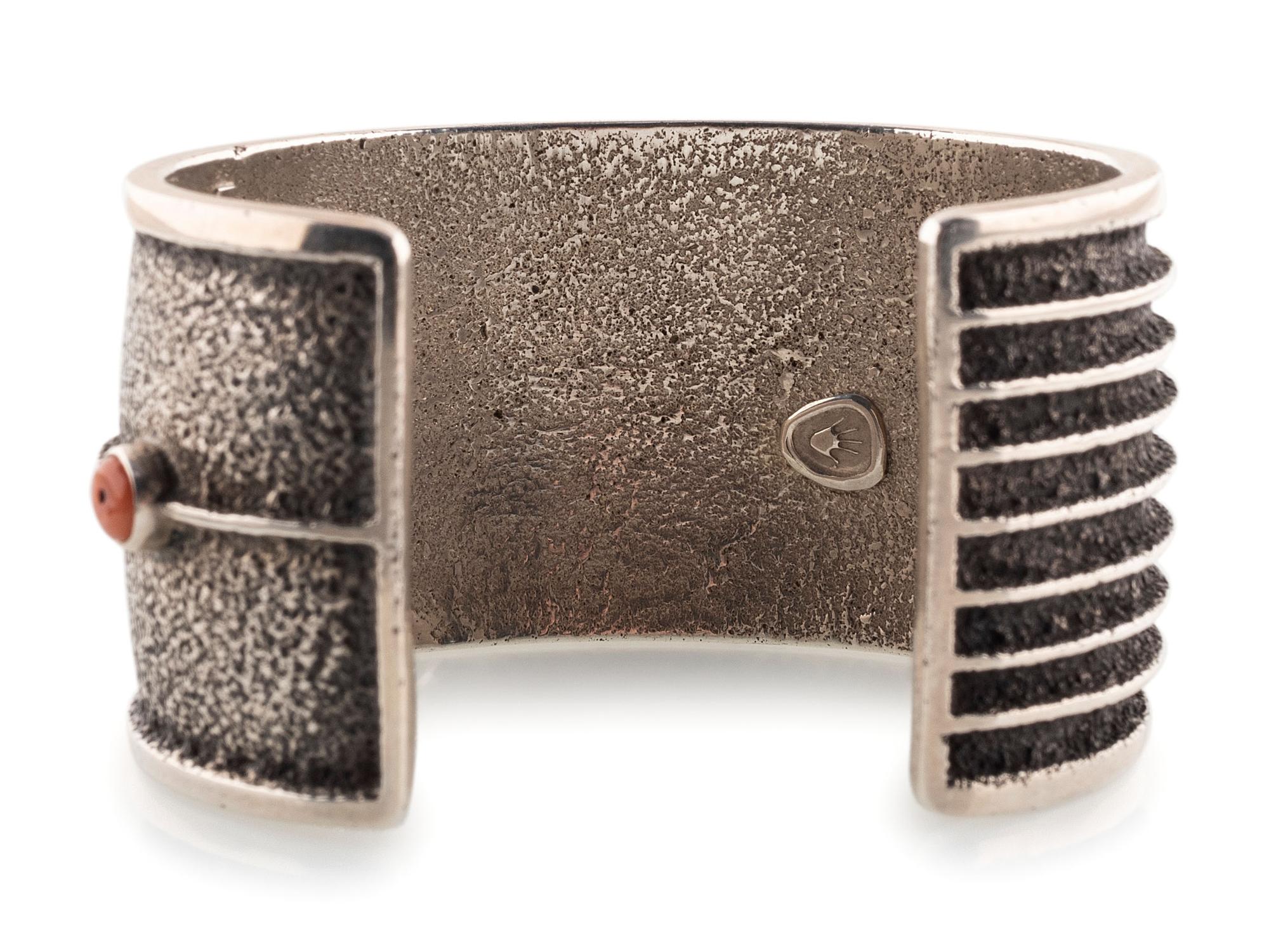 Sterling Silver Tufa Cast Cuff Bracelet, with Coral Accent