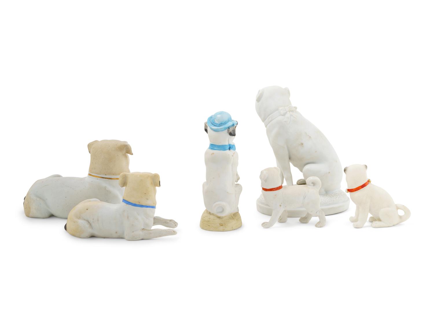Six Bisque Porcelain Figures of Pugs