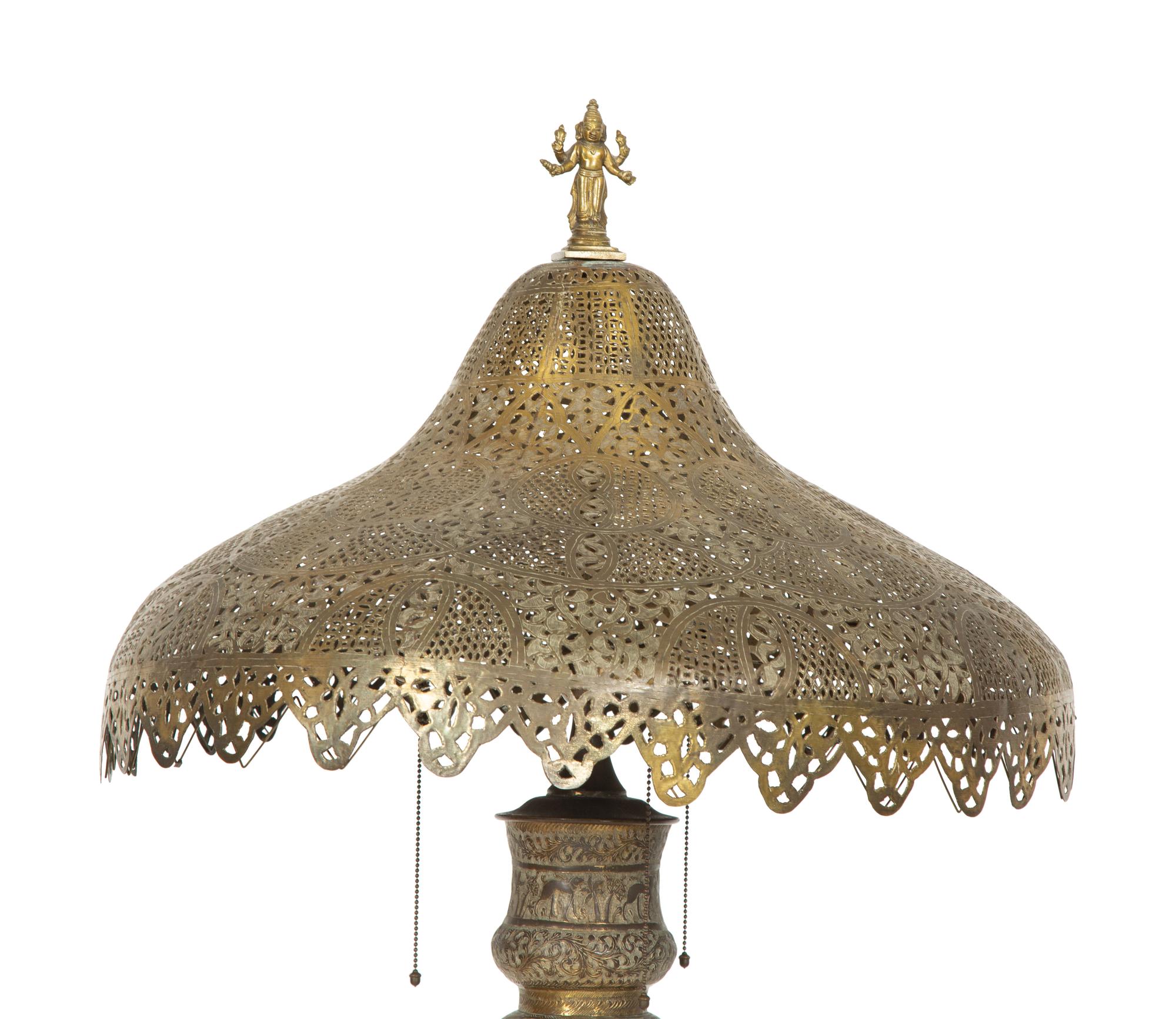 An Indian Pierced and Etched Brass Floor Lamp