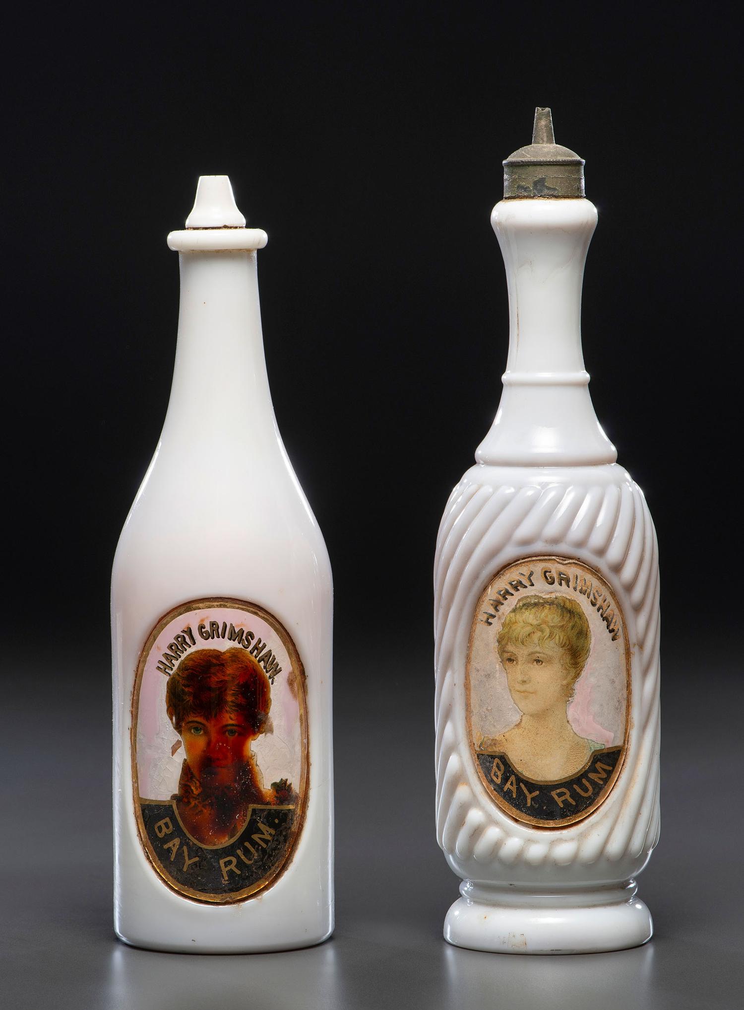 Two 'Label Under Glass' Personalized Milk Glass Barber Bottles