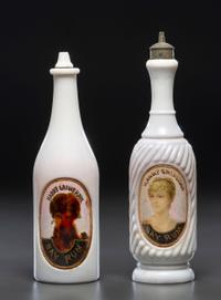 Two 'Label Under Glass' Personalized Milk Glass Barber Bottles