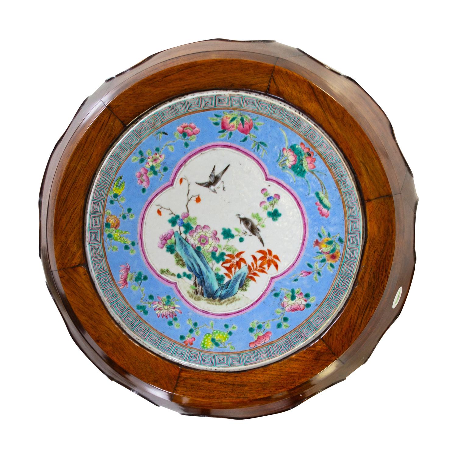 A Pair of Porcelain Plaque Inset Hardwood Garden Stools