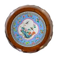 A Pair of Porcelain Plaque Inset Hardwood Garden Stools
