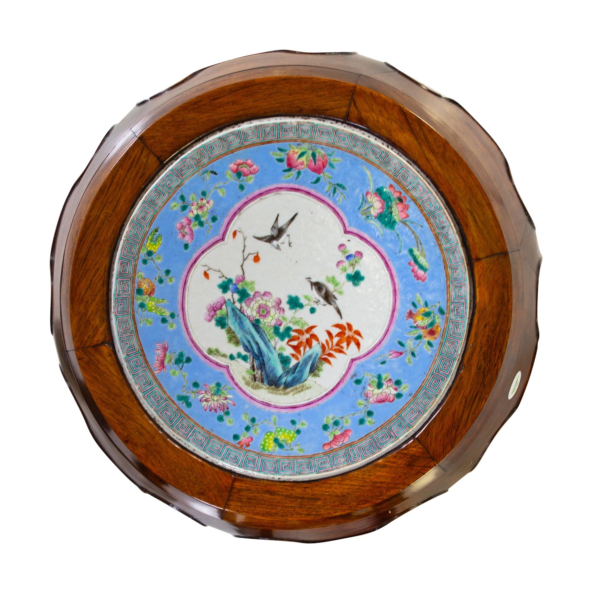 A Pair of Porcelain Plaque Inset Hardwood Garden Stools