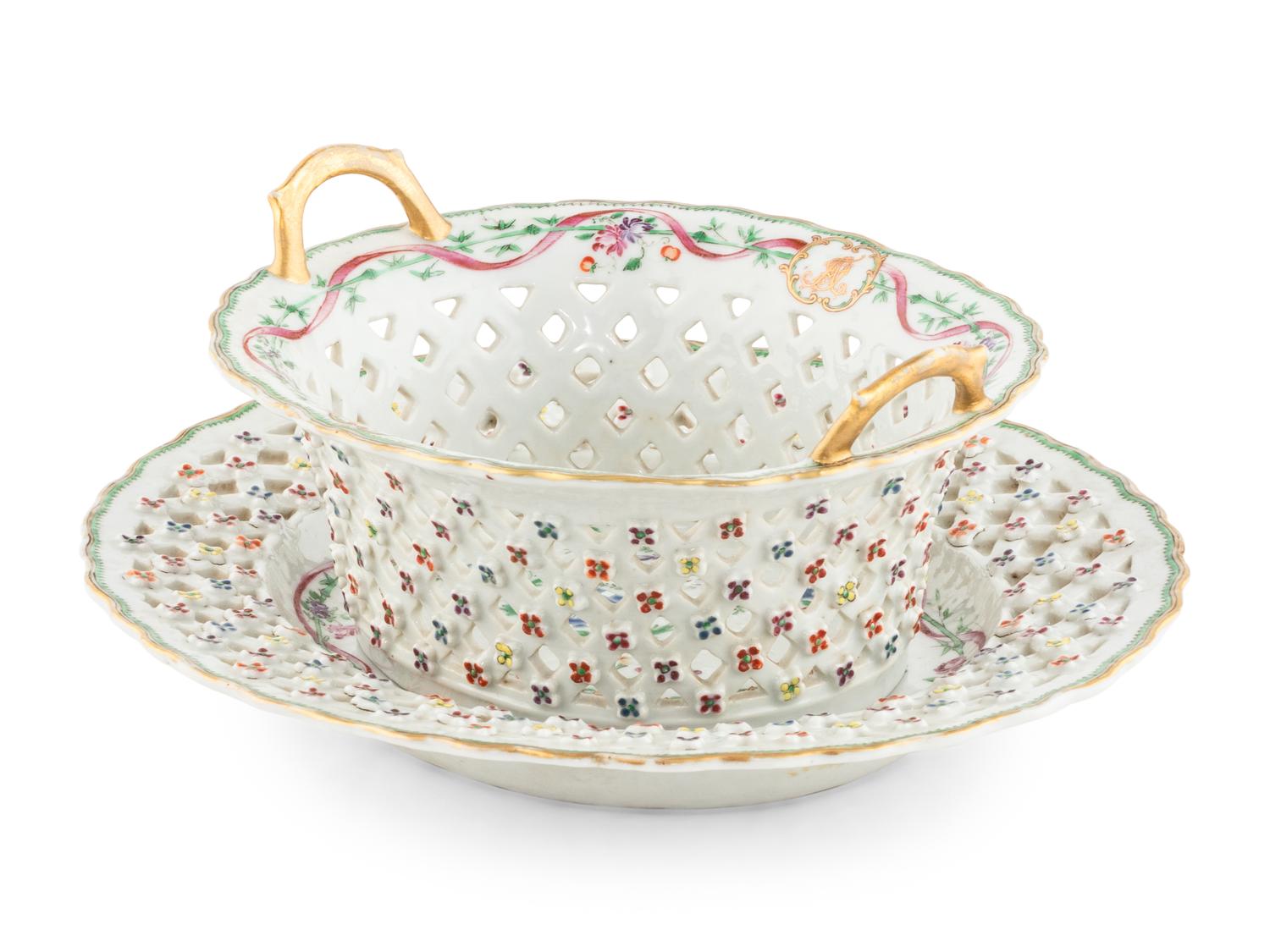 A Chinese Export Armorial Porcelain Reticulated Basket and Underplate
